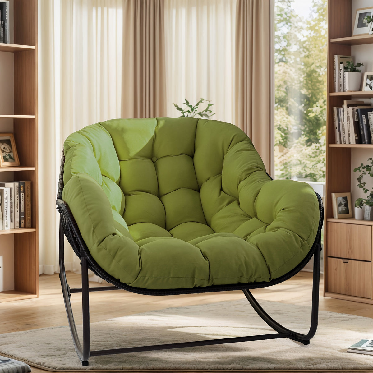 Papasan Rocking Chair Outdoor, All Weather Wicker Papasan Patio Chair with Cushion And Pillow, Heavy Duty Metal Oversized Papasan Rocker Egg Chair for Garden, Patio