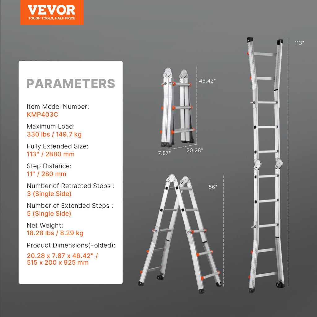 VEVOR Telescoping Ladder A Frame 9.5 FT 2880mm / 11FT 3350 mm / 13 FT 4000mm / 15.5FT 4670 mm / 17FT 5120 mm / 20FT 5990 mm/ 20.5FT 6230 mm Extension Multi-Function for Homework