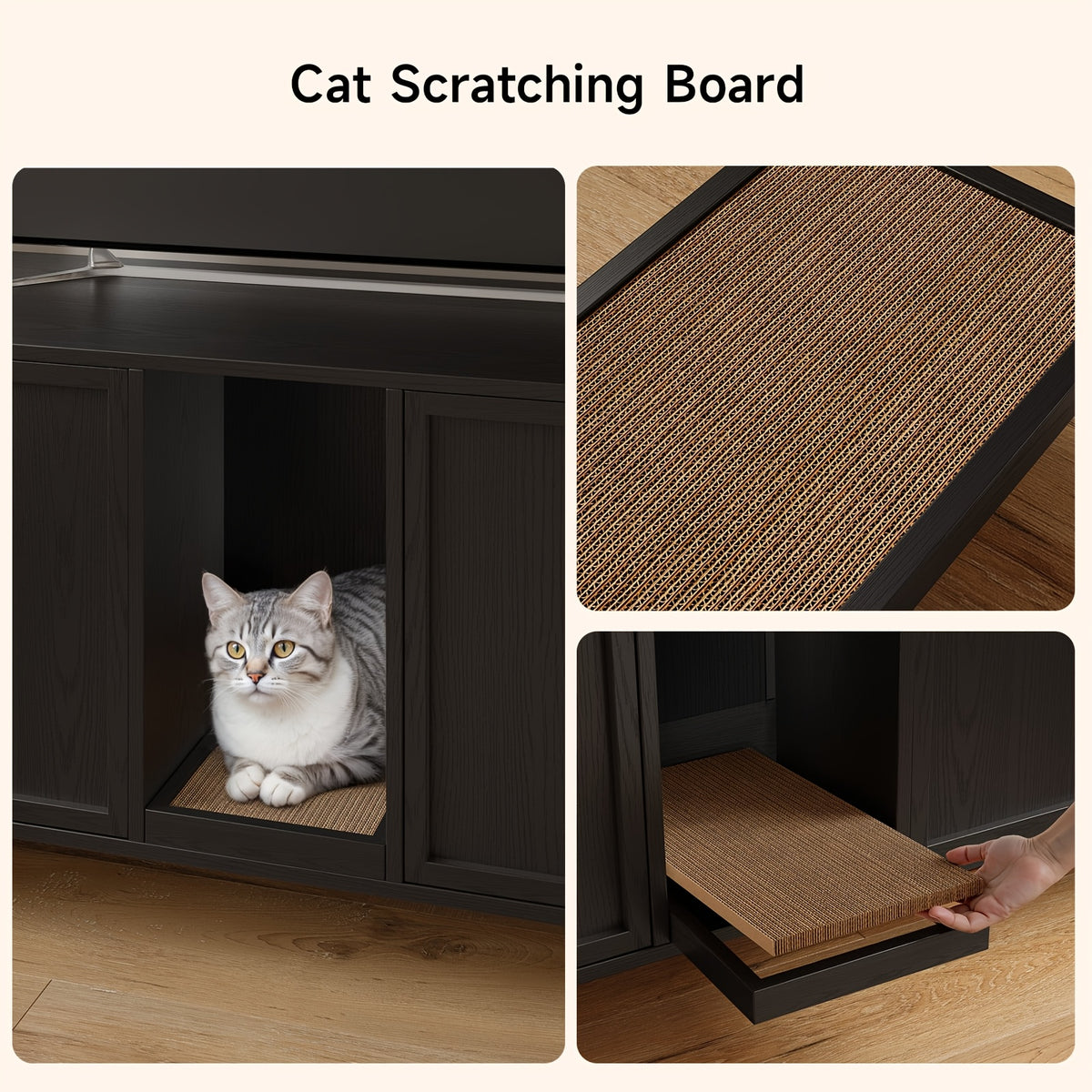 [Cat Litter Box Enclosure] 59 Inches Cat Litter Box Enclosure for 2 Cats, Hidden Litter Boxes Furniture with Cat Scratch Pad, Large Indoor Cat House with Double Room, Wooden TV Stand Side Table, Black