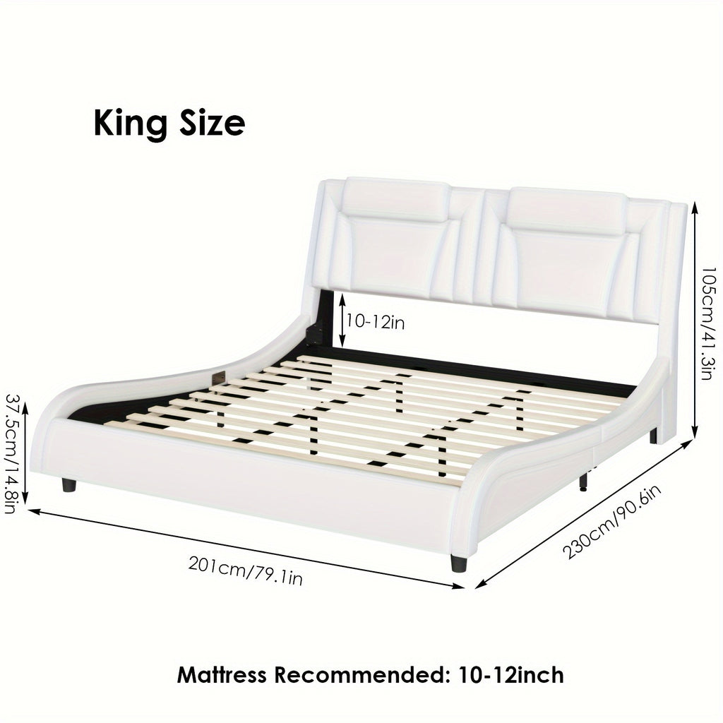 Upholstered Bed Frame Available in Full, Queen, And King Sizes Featuring an Adjustable Headboard, a Wavy Design, a Removable Backrest, And Solid Wooden Slats for Support, Eliminating The Need for a Box Spring, Offered in Faux Leather in White