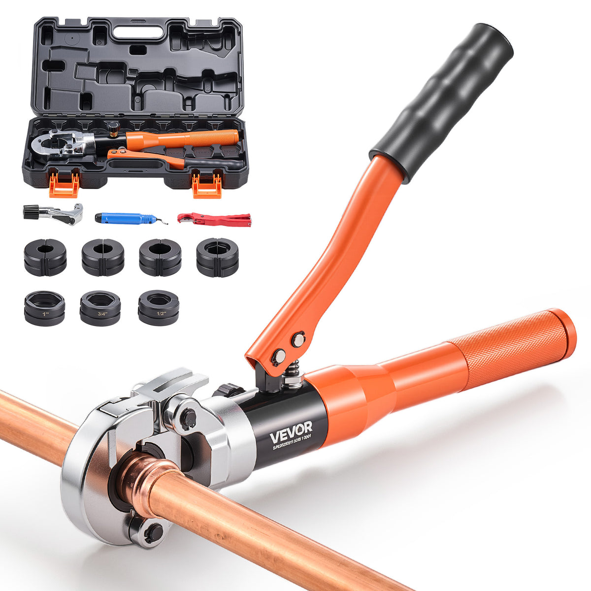 VEVOR Copper Pipe Crimping Tool, Hydraulic Driven Press Tool with 1/2" 3/4" 1" Jaws for VUS Type Copper Tube & 3/8", 1/2", 5/8", 3/4", 1" Jaws for ASTM F1807 PEX Pipe Copper Ring - with Carrying Case