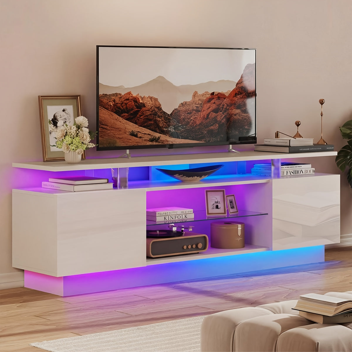 72"/82" High-Glossy TV Stand With 2 Side Cabinets, Modern Stylish TV Console With 3 Layer LED Lights, Gaming TV Media Console With Adjustable Glass Shelf, Black
