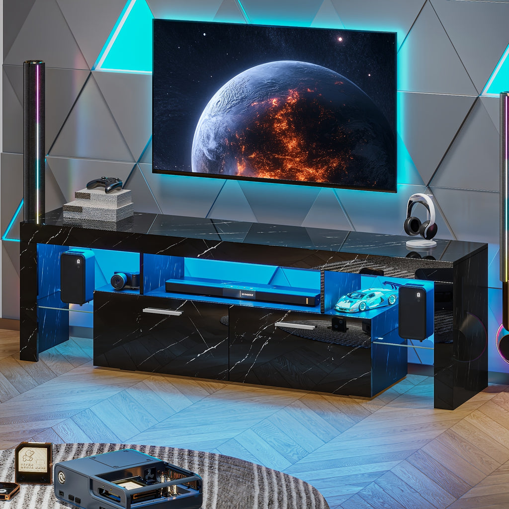 66 Inch White Black Marble TV Stand For 75 Inch TV, LED Gaming Entertainment Center, Glossy TV Console Table With Storage Drawers And Glass Shelves Xbox PS5 Game Console Cabinet For Living Room