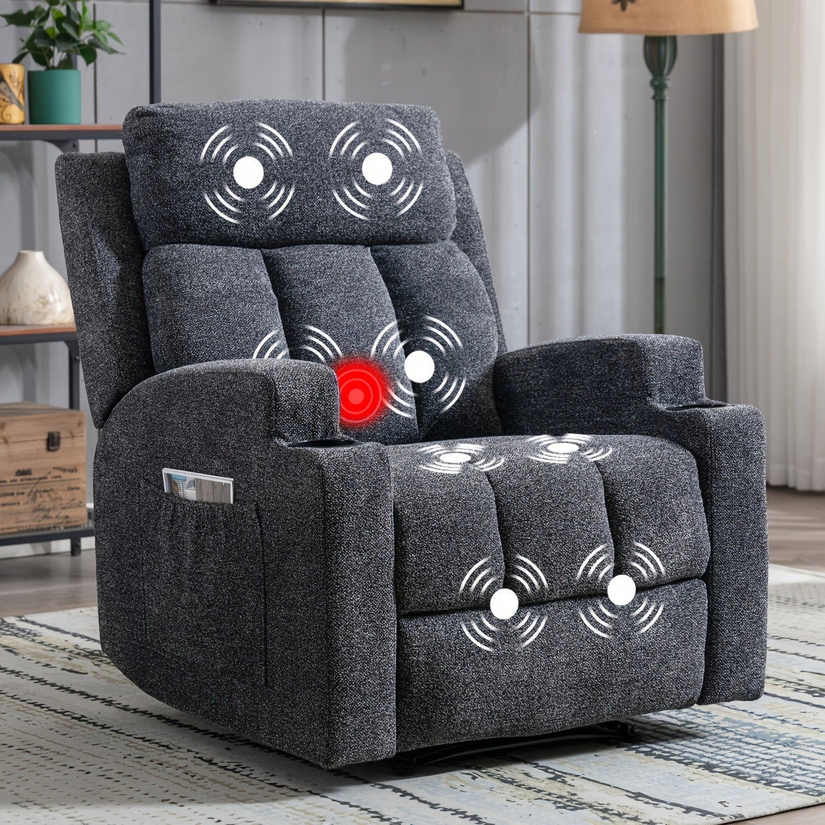Manual Recliner Chair with Massage And Heat Ergonomic Overstuffed Breathable Fabric Reclining Chair with 2 Side Pockets, 2 Cup Holders, Remote Control, for Game & Recreation Room Furniture