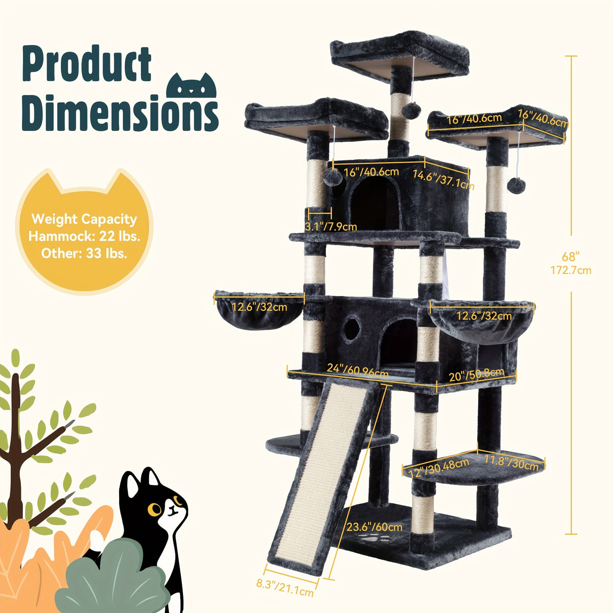HOOMIC 68-Inch Multi-Level Cat Tree Tower for Large Cats/Cat Condo/Cozy Plush Cat Perches/Sisal Scratching Posts/Baskets/Wide Base Board/Cat Activity Center/Dark Grey/Grey/Beige/Pink/Leopard Print