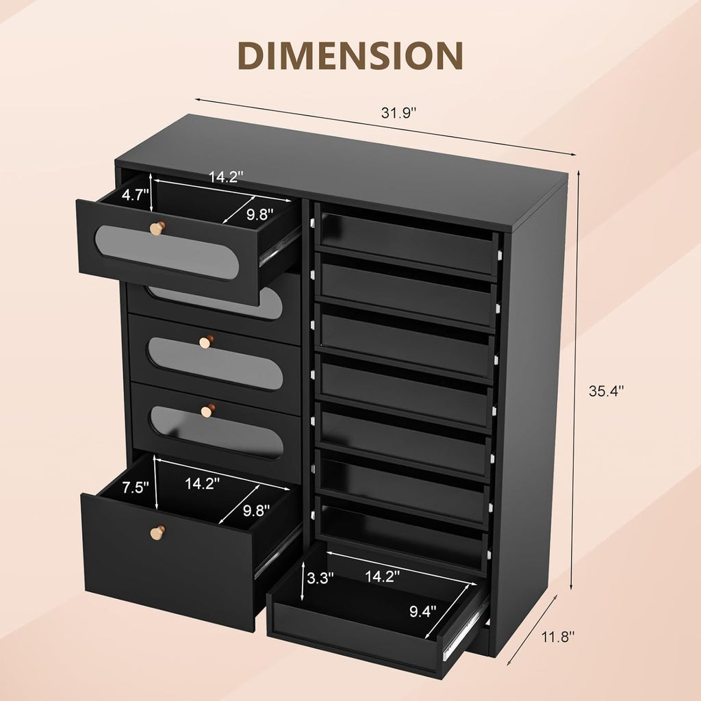 [Salon Organizer Cabinet] Nail Salon Organizer Cabinet, 32" L Floor Storage with 8 Clear & 4 Visual Drawers, Wooden Display for Polish & Powder, Beauty Salon Furniture