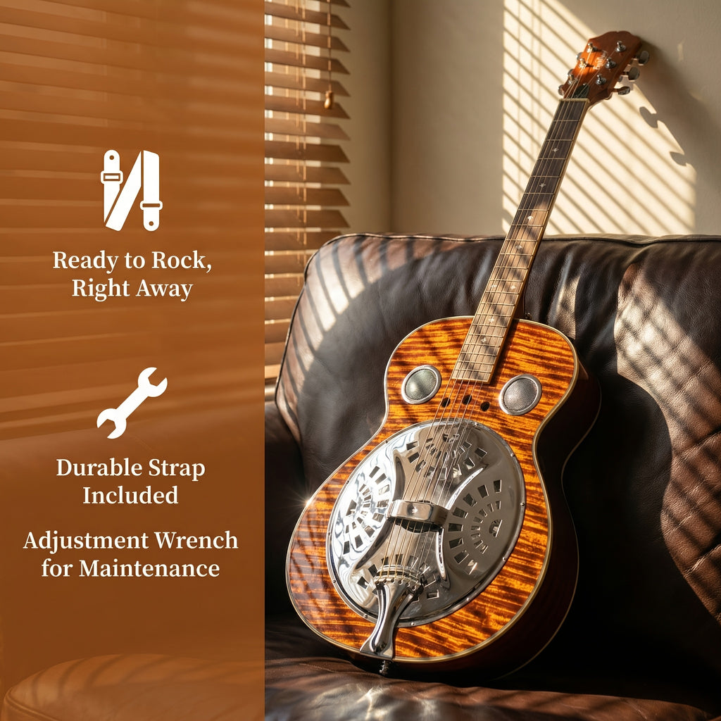 Acoustic Resonator Guitar Full Size 40 Inch Steel String, Beginner Acoustic Guitar Kit With Strap Capo Picks Wrench, Country Bluegrass Folk Blues Slide Fingerpicking Right Handed, Spruce Top Amber Orange Holiday Birthday Gift Musical Instrument