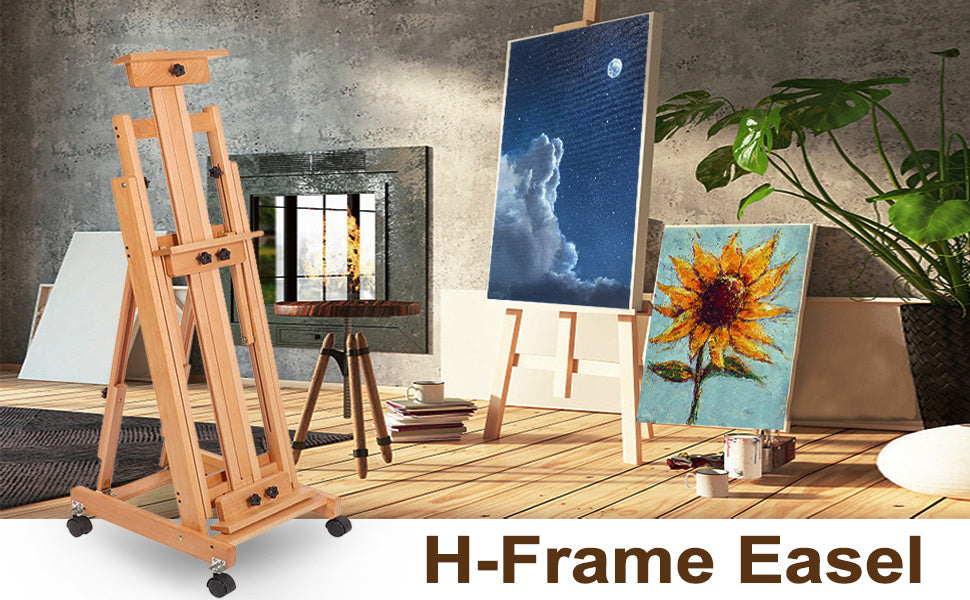 H Frame Easel Multi-Function Studio Easel Solid Beech Wood Easel Adjustable Painting Canvas Holder Stand Tilts Flat Artist Easel with Locking Caster Wheels