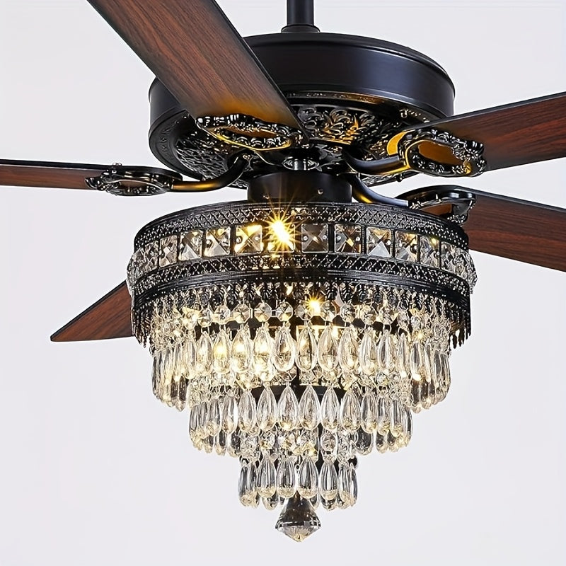 Crystal Ceiling Fan Fandelier with Lights - Modern Outdoor Fans with Remote Control, Noiseless AC Motor, Retro/Farmhouse Lighting, Dining Room, Living Room (52"