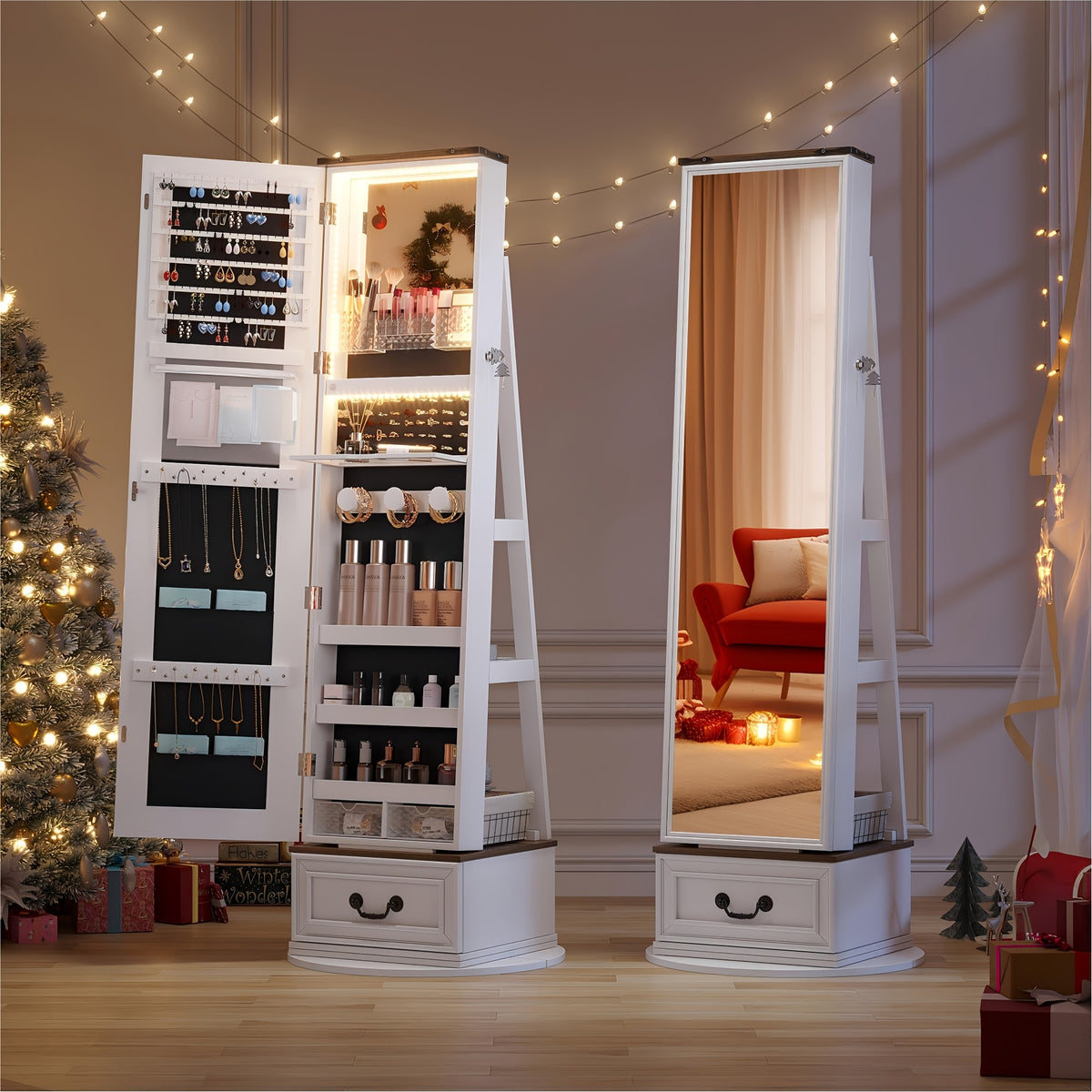 Vintage-Inspired 360° Swivel Jewelry Mirror Cabinet with Lights - Lockable, Full Length Organizer with Storage Drawer for Bedroom Decor - For Women - Perfect for Makeup & Jewelry Storage - Ideal Gift for Her