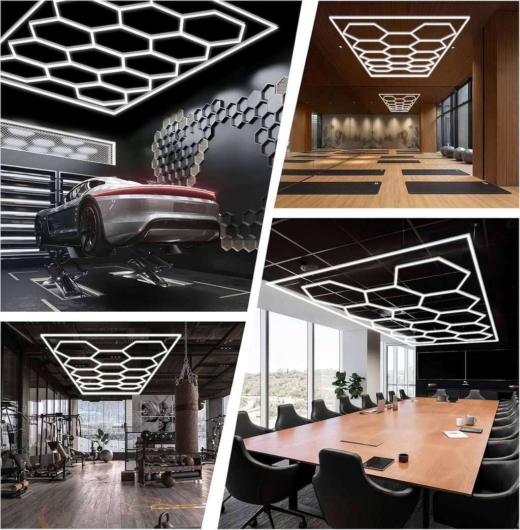 High-brightness LED Garage Light. Hexagonal Honeycomb Garage Light, Barber Shop Ceiling Light, Modern Design, Single Tube 850 Lumens, Framed LED Light Total 58650 Lumens
