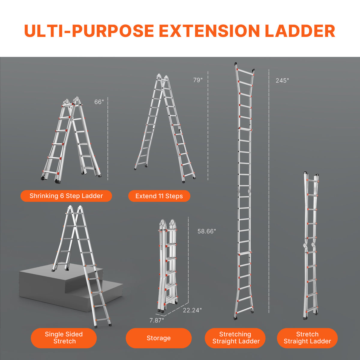 VEVOR Telescoping Ladder A Frame 9.5 FT 2880mm / 11FT 3350 mm / 13 FT 4000mm / 15.5FT 4670 mm / 17FT 5120 mm / 20FT 5990 mm/ 20.5FT 6230 mm Extension Multi-Function for Homework