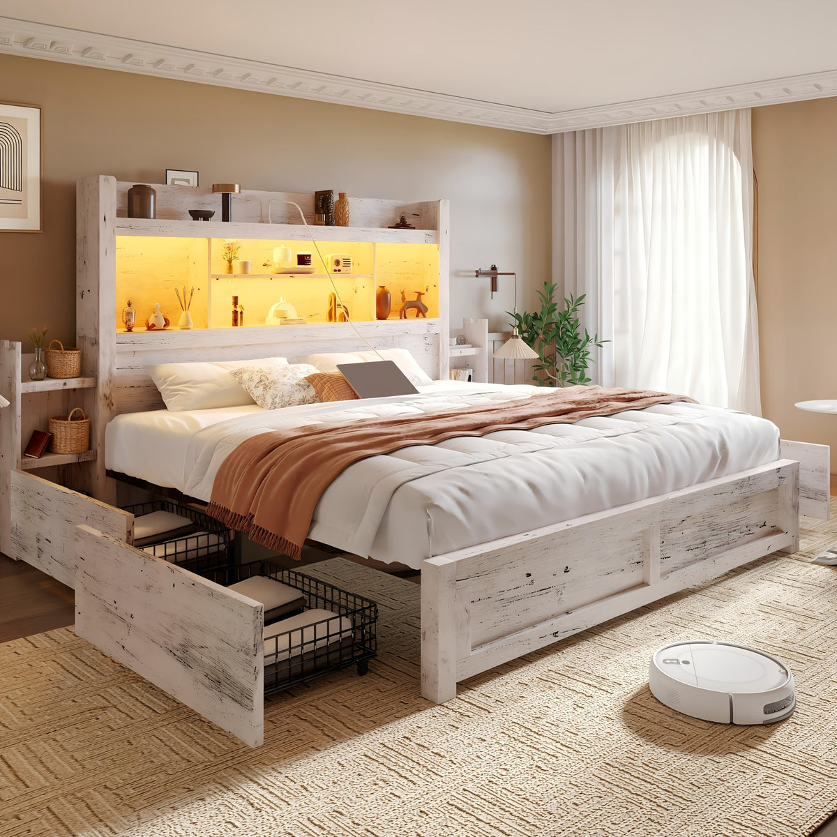Farmhouse Wooden Bed Frame with 4 Storage Drawers, LED Bed Frame with 49" Tall Bookcase Headboard, Wood Platform Bed with Charging Station And 2 Slide Bedside Shelves