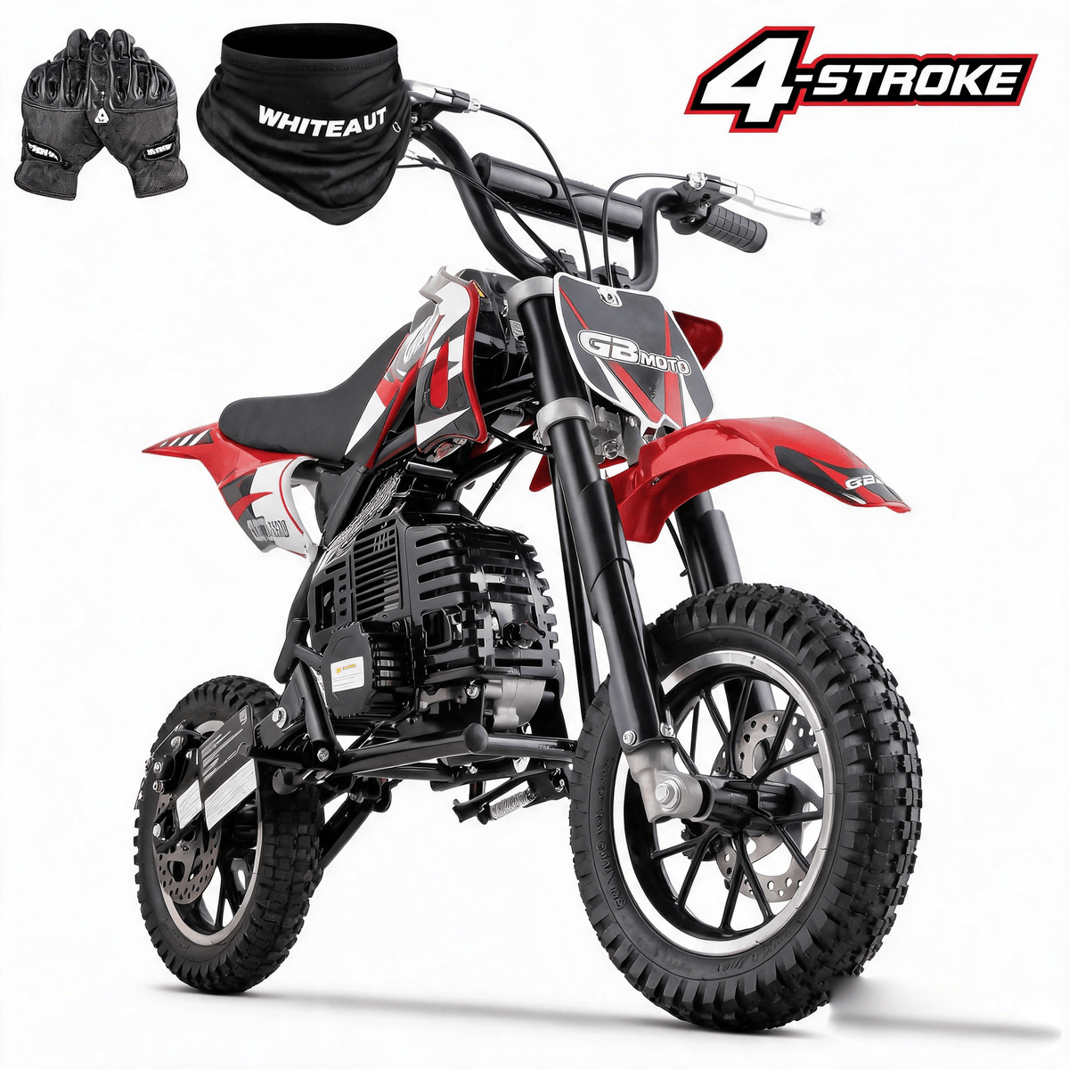 Mini off-road bike, 41CC four stroke gasoline bike (model: DB001), equipped with off-road tires, suspension, disc brakes, maximum load of 160Lbs, top speed of 18Mph, gloves and face cloth included
