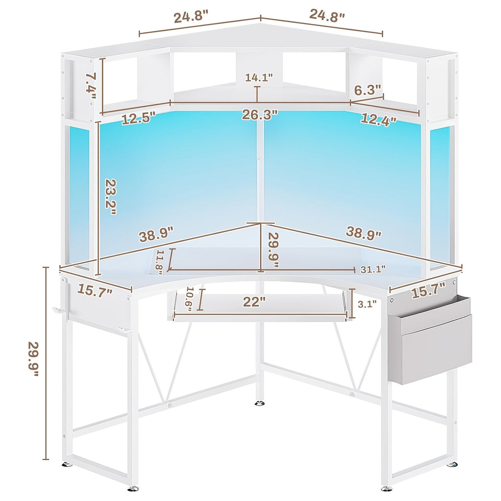 Small Office Desk with LED Lights, Triangle Corner Computer Desk with Storage Bag and Headphone Hook