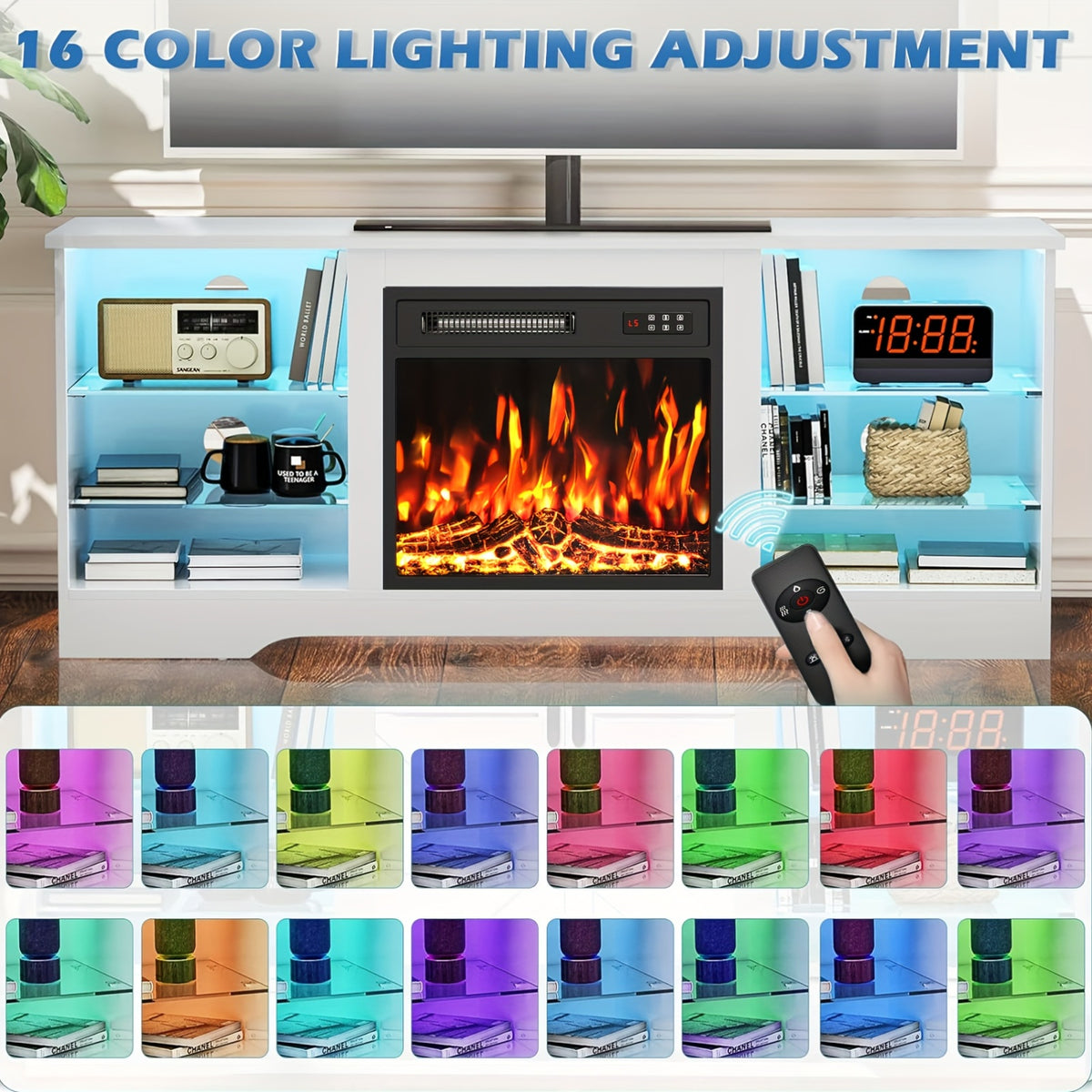 58 Inches Fireplace TV Stand for Tvs Up to 65 Inches Console with 18'' Electric Fireplace & Remote, Wooden Modern Entertainment Center for Living Room with LED Light Glass Shelves