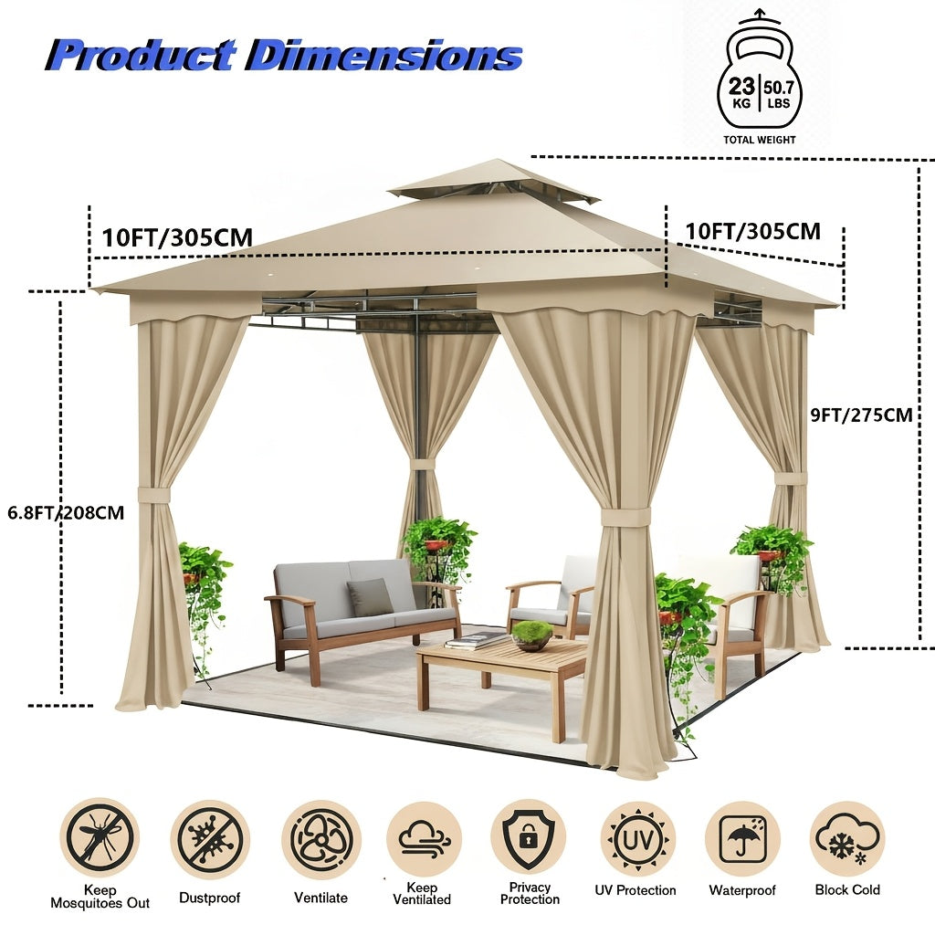 10×13ft Wedding Party Canopy, Outdoor Folding Gazebo, With 4 Detachable Mosquito Net Walls, With Ground Stakes, Easy Set Up, Sun Protection, Double Roof Design, Suitable For Garden, Courtyard, Outdoor, Villa, Terrace, Deck, Birthday Gift, Game Tent