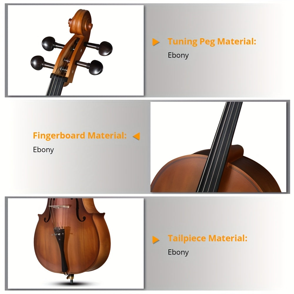 [For Beginner, Music Lover] Glarry 4/4 Ebony Fitted Cello - Full Size Acoustic Cello With 7mm Padding Cello Carrying Bag, Extra String, Bridge, Bow, 2nd & 3rd String Reductions, 2nd & 3rd String Reductions, For Beginner, Music Lover