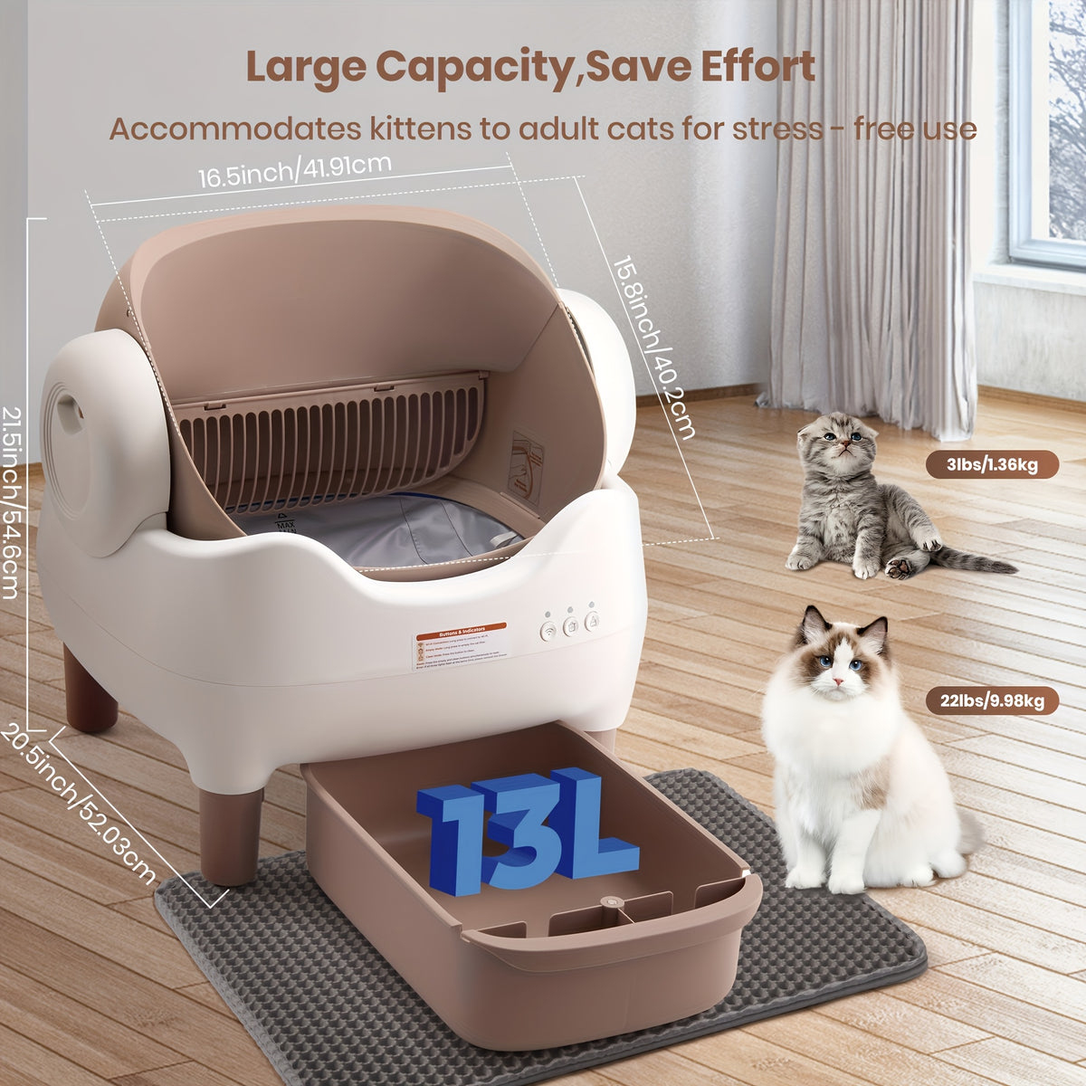 Large Smart Self-Cleaning Cat Litter Box, App-Controlled Automatic Cleaner with 3.43Gal Big Capacity, 2.4G Wifi Cat Litter Box with Odor Removal, 14-Day Hands Free Scoopless Care, Auto-Scoop, Ideal for Busy Pet Owners, 1 Brush, Trash Bags And 1 Mat