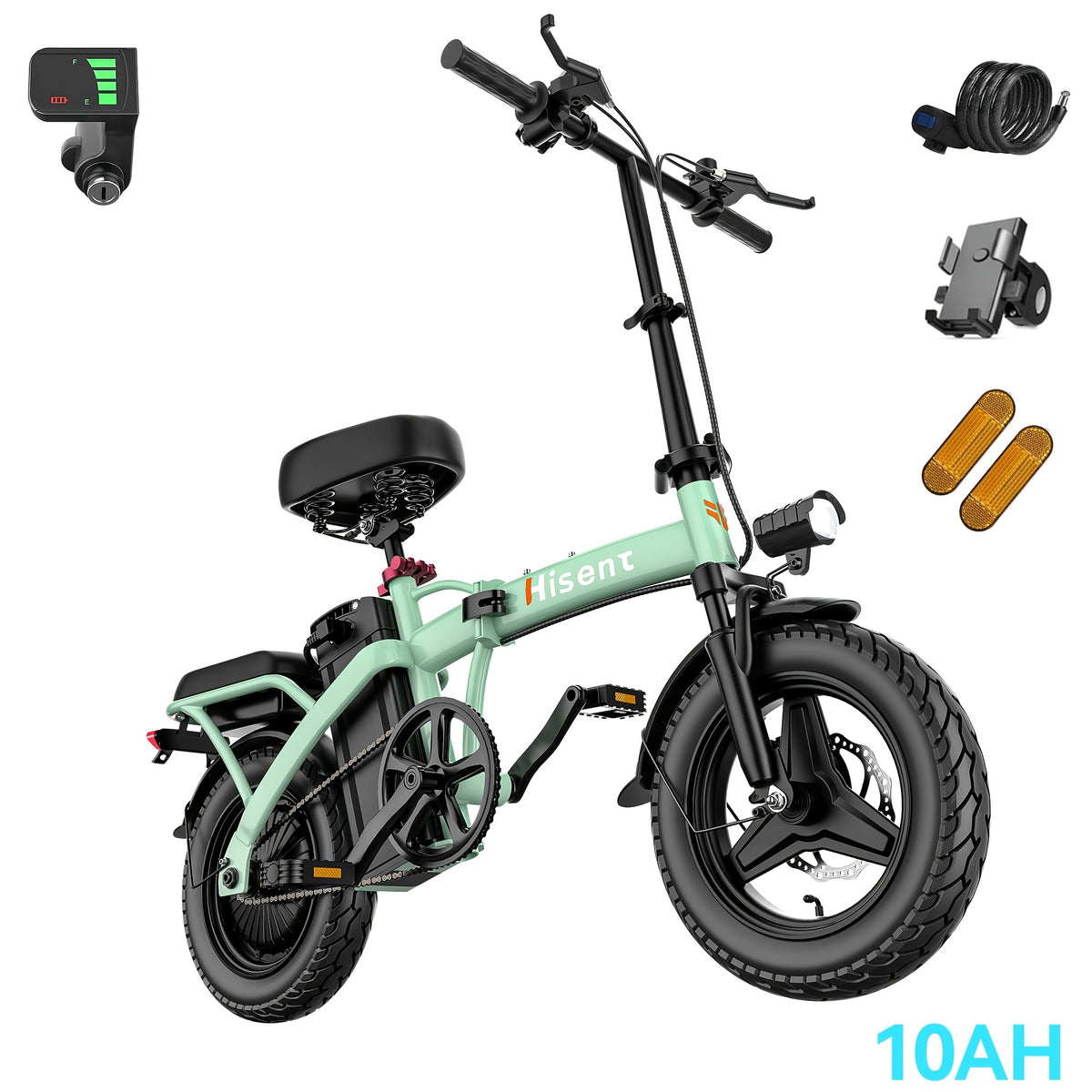 Hisent Foldable Electric Bicycle, Power: 500W Brushless Motor, 48V 10AH/17.5AH Lithium Battery (optional), 12 to 35 Miles Range; Speed: 19.9 MPH, Dual Brakes, LED Headlights, 14-inch Tires, Commuting And School Trips, Stylish Design, Sturdy Structure