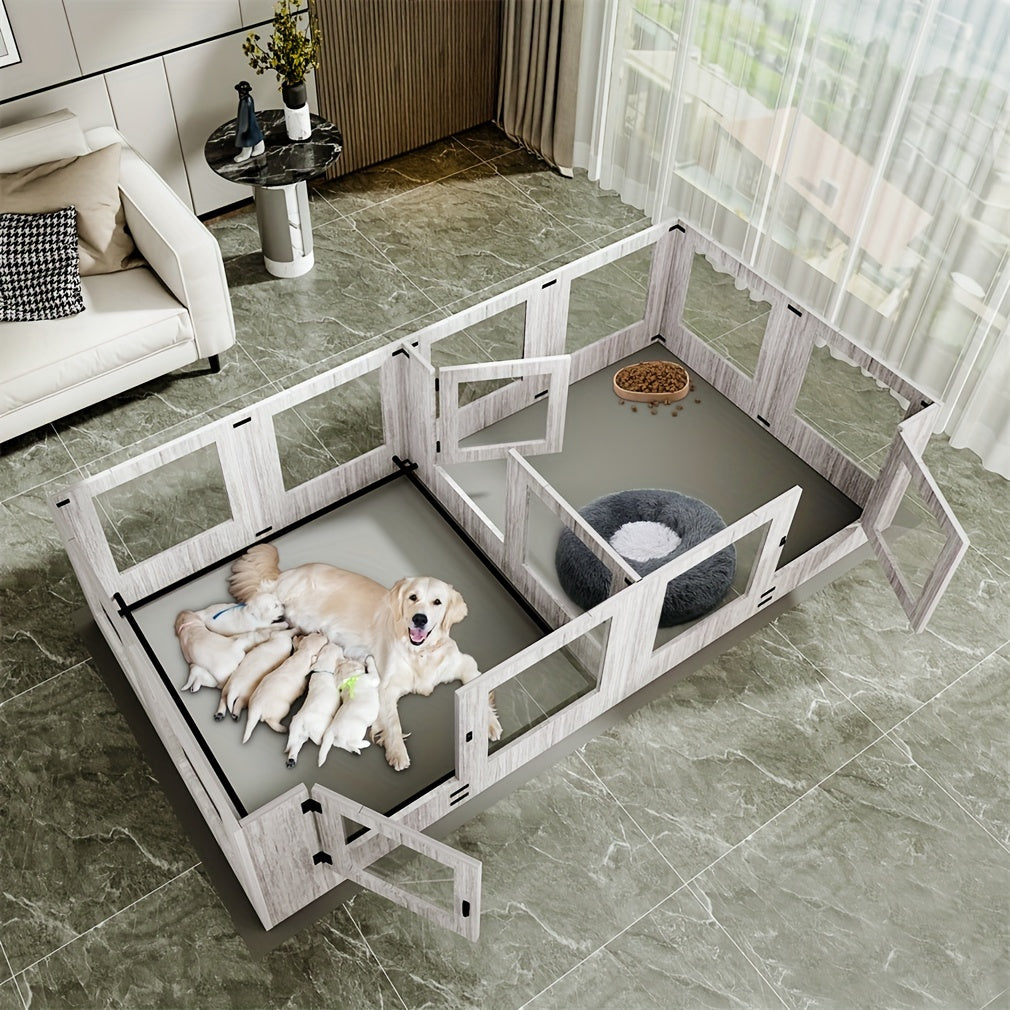 XXL 14-Panel Dog Playpen & Whelping Box with Tempered Glass, Sturdy MDF Construction, and Safety Rails - Spacious Indoor/Outdoor Pet Enclosure for Dogs and Puppies, Puppy Playpen