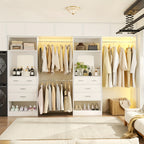 Unikito Closet Systems, 6-14ft Walk In Closet Organizer with 8 Drawers And Mirror, 168" Large Wood Closets Insert with Tower, Sturdy Wardrobe Closets Garment Rack with Extendable Hanging Rods, White