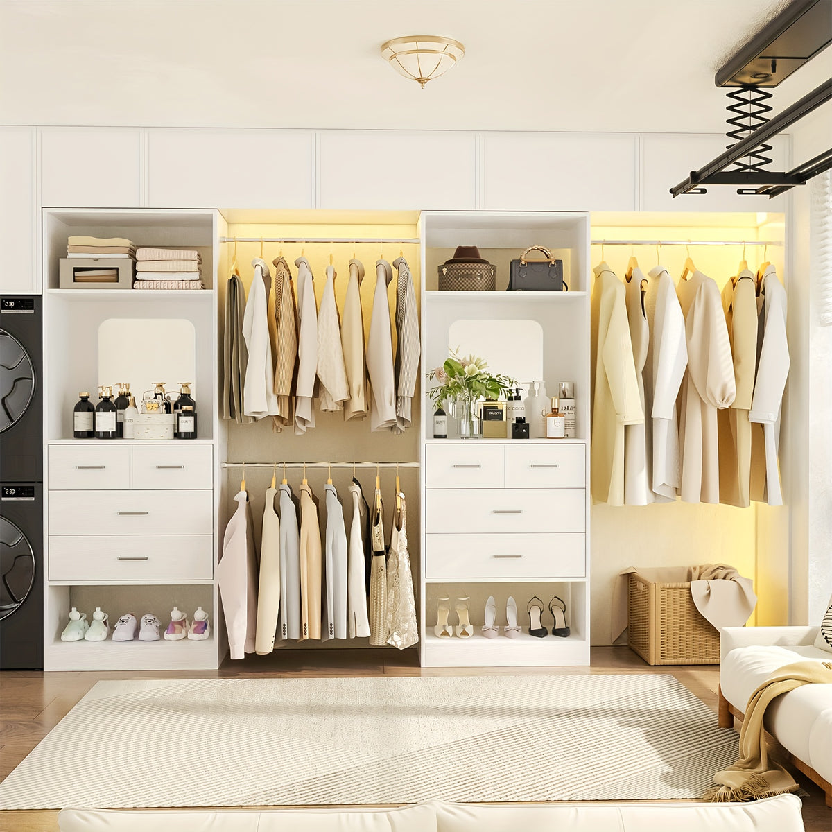 Unikito Closet Systems, 6-14ft Walk In Closet Organizer with 8 Drawers And Mirror, 168" Large Wood Closets Insert with Tower, Sturdy Wardrobe Closets Garment Rack with Extendable Hanging Rods, White