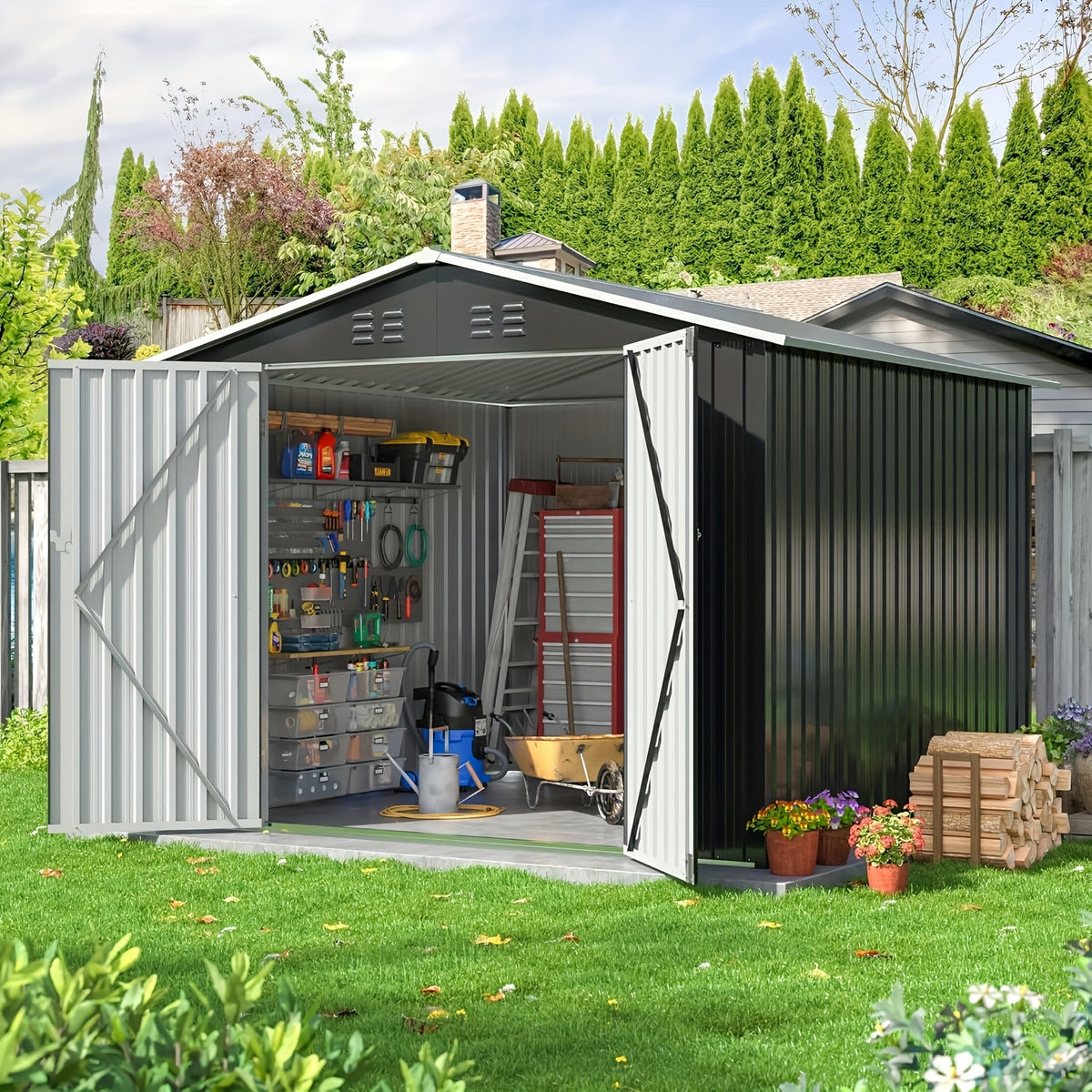 Outdoor Storage Shed, Metal Shed with Updated Frame Structure And Lockable Doors, Large Shed Upgrade Height Ideal for Garden, Backyard, Patio Utility And Tool Storage