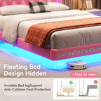 MRAEER Diamond Quilted Velvet Silent Full/Queen Bed Frame | LED Lights, Diamond Quilted Footboard, Adjustable Headboard, No Mattress Required, Easy Assembly, Available in Pink/White/Black, Powered, Contemporary Style, Christmas Gift
