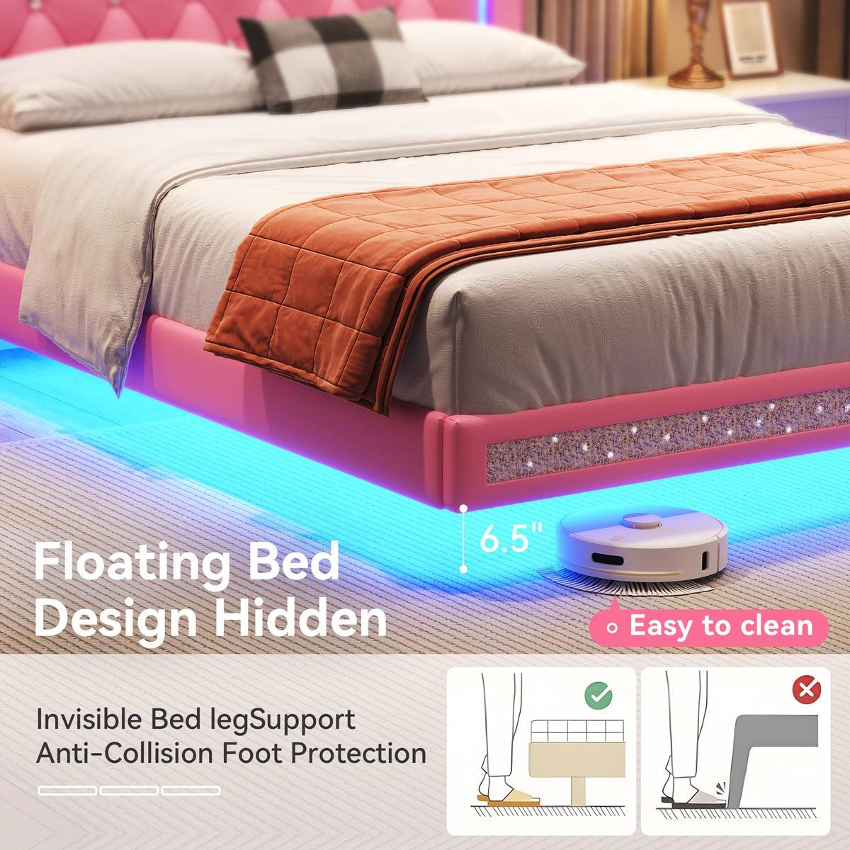 MRAEER Diamond Quilted Velvet Silent Full/Queen Bed Frame | LED Lights, Diamond Quilted Footboard, Adjustable Headboard, No Mattress Required, Easy Assembly, Available in Pink/White/Black, Powered, Contemporary Style, Christmas Gift
