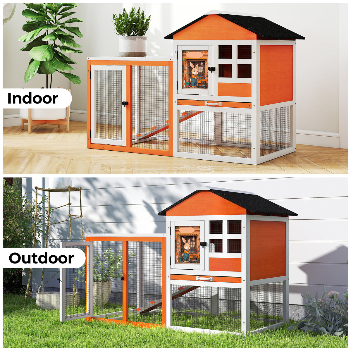 2-Tier Wood Rabbit Hutch, Indoor Outdoor Small Animal House with Removable Tray, Ramp, Openable Roof, Bunny Cage, Grey/Orange with Colorful Patterns