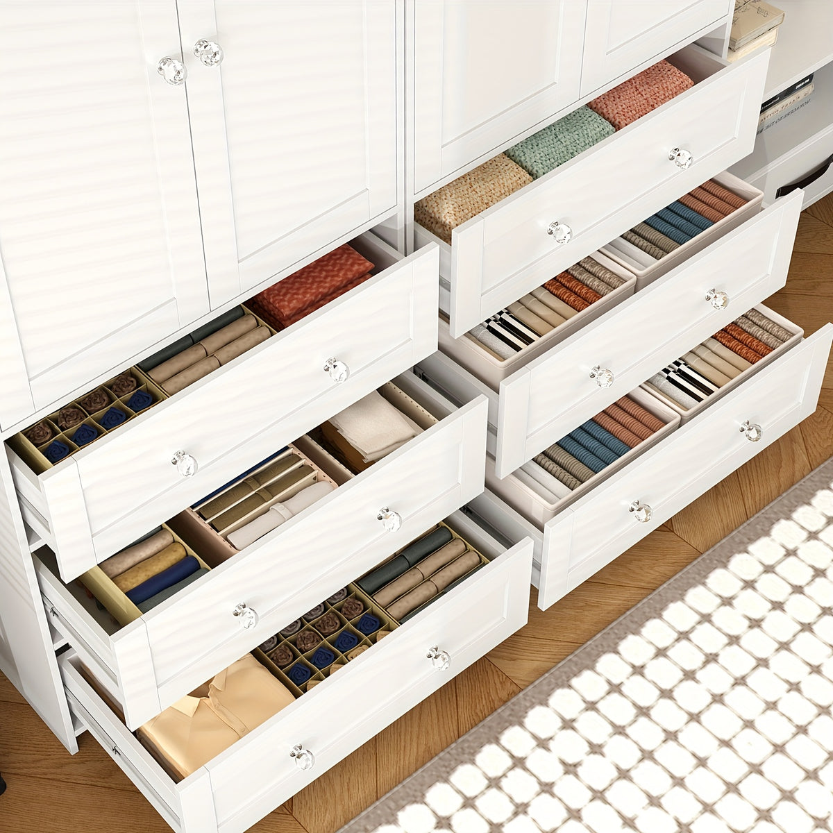 31.5" /47.3"/63" Wardrobe Armoire Closet with Mirror & Hanging Rod, Large Drawers & 2/3/4 Doors