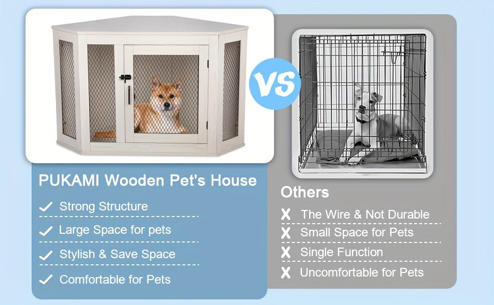 [Wooden Dog Kennel Furniture] Corner Dog Crate Furniture, 44/52Inch Wooden Dog Kennel Furniture with Mesh, Decorative Wood Dog House for Indoor Use, Dog Crate for Small/Medium Dog, Perfect for Limited Room