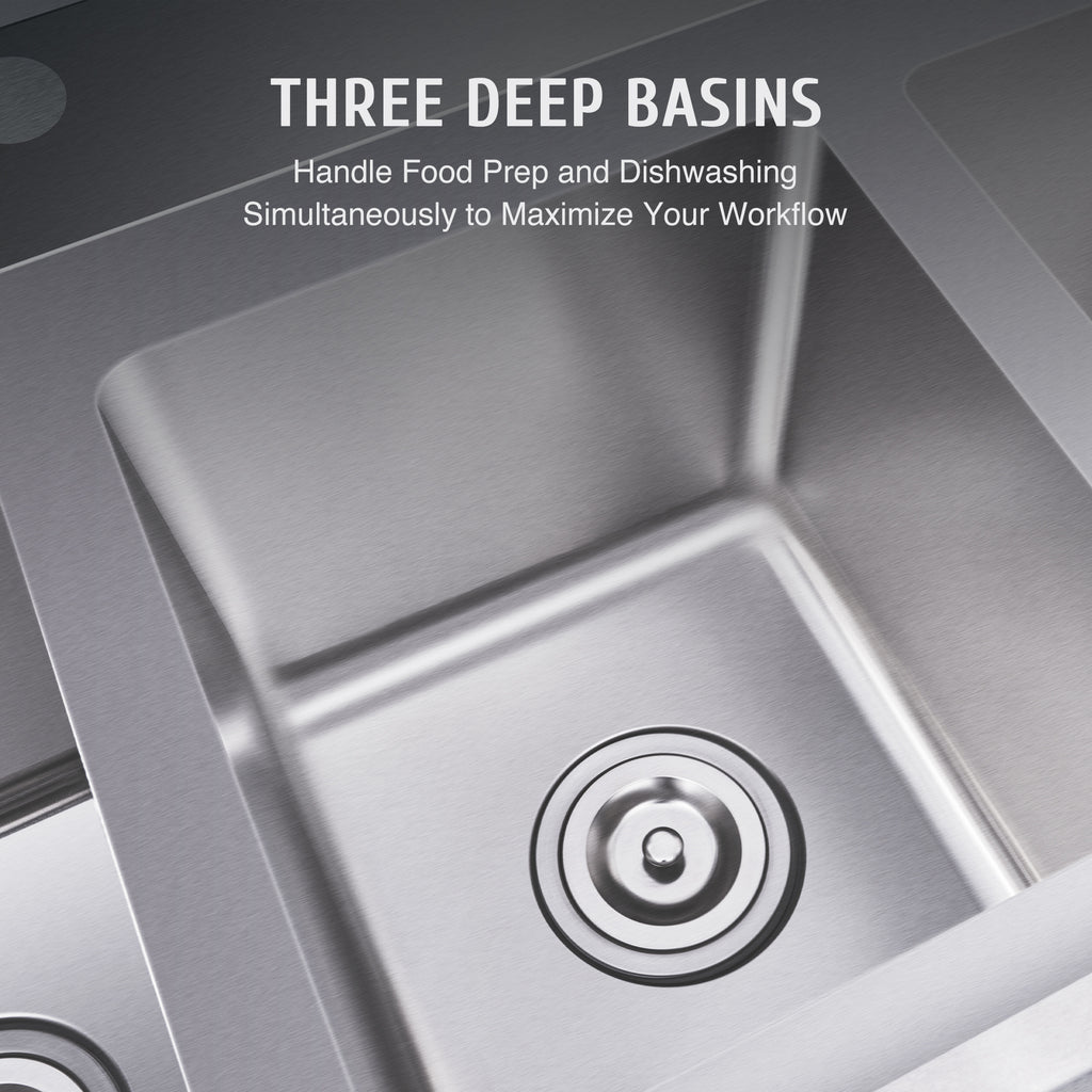Commercial Stainless Steel Sink with Strainer 39" W × 17.7" D × 37.4" H, Kitchen Sink Station Utility Sink for Home Laundry Room Garage, 3 Compartment Sink for Bar Restaurant