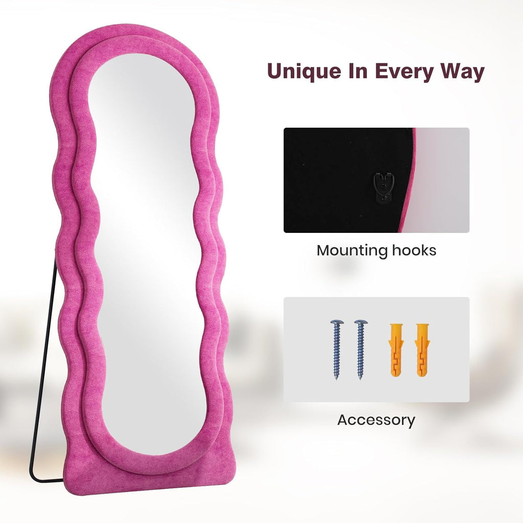 63"x24" Large Arched Full Body Mirror with Hot Pink Flannel Wrapped Frame & Stable Stand - Contemporary Floor Standing or Wall-Mounted/Leaning Mirror for Bedroom, Dressing Room, Entryway - No Electrical Required, Durable Construction