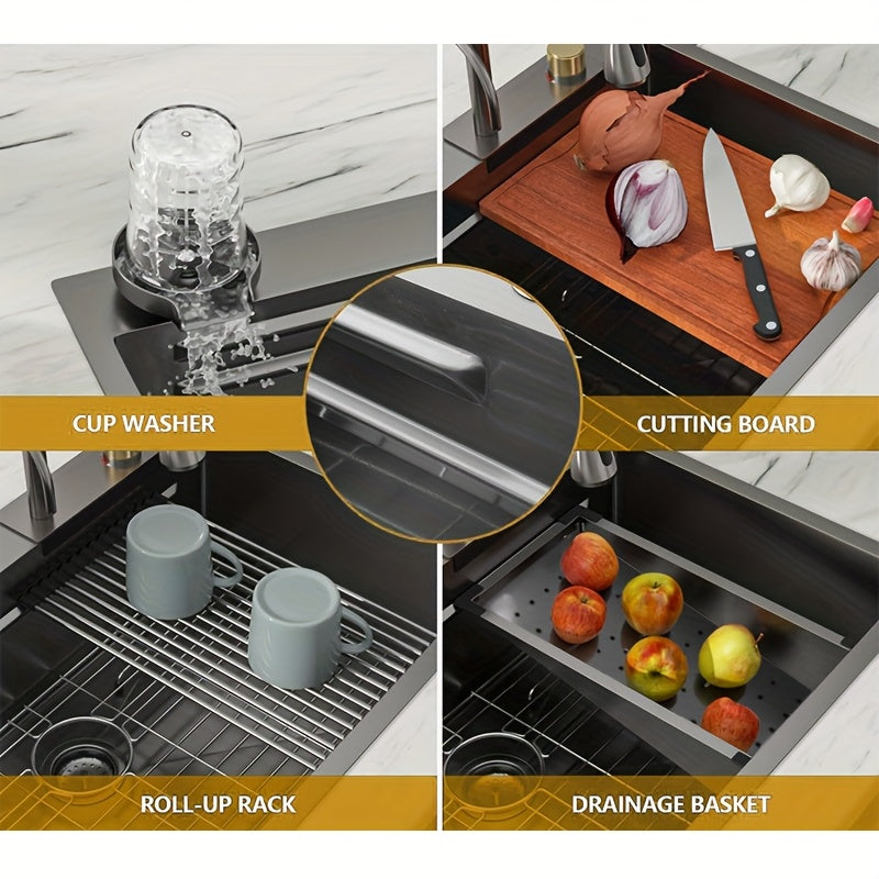 [Stainless Steel Kitchen Sink] 33 * 22 Inch Stainless Steel Kitchen Sink, Single Bowl Sink Drop In/Topmount Workstation Waterfall Sinks With Cutting Board, Cup Washer And Sink Accessories