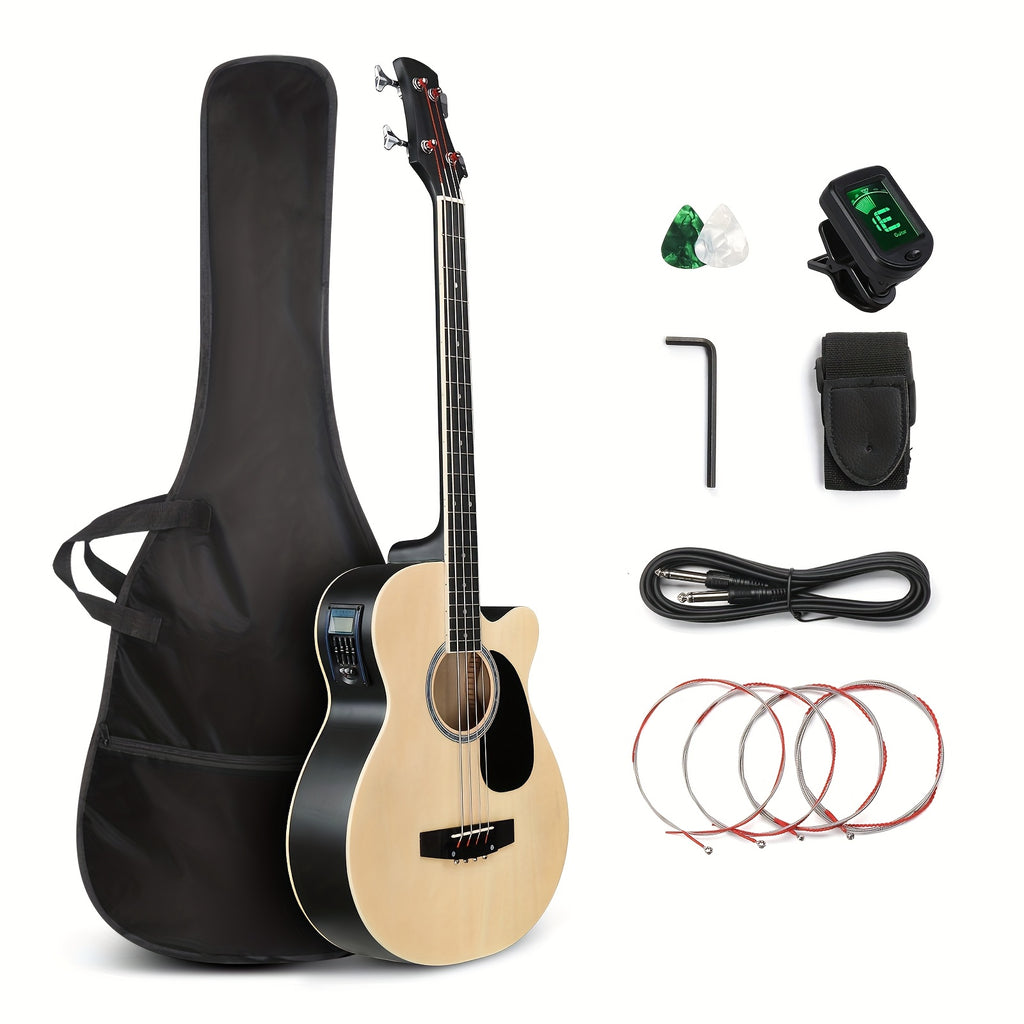 Glarry 4-String Full Size Acoustic-Electric Bass Guitar Kit, Folk Bass Guitar, Cutaway Style, for Beginner Student, ALL-IN-ONE Kit, Complete Accessories with Strap Gig Bag Picks Cable Wrench Tool, Gift for Music Lover