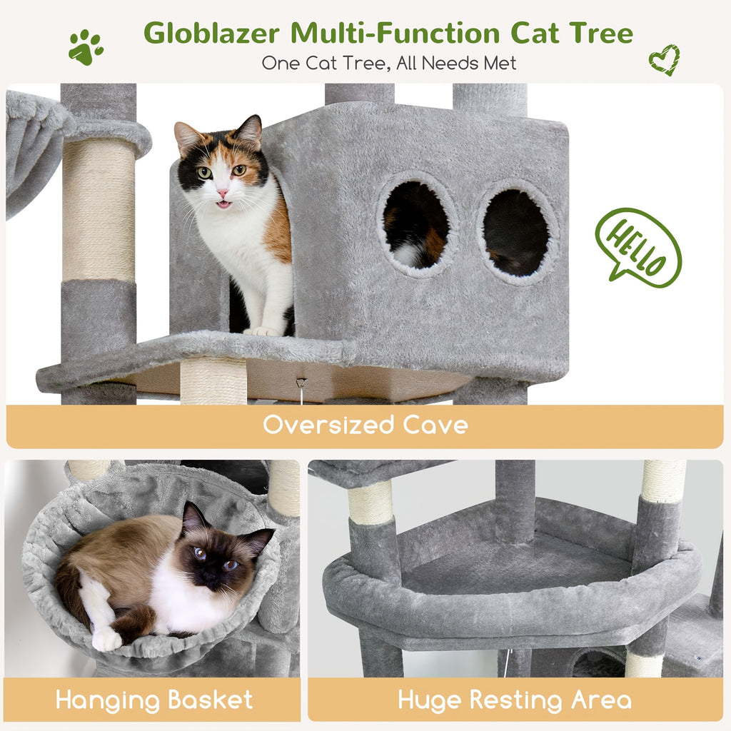 Globlazer 82-inch Cat Tower for Large Cats, Multi-Level Cat Tree for 4+ Indoor Cats with 3 Condos, 7 Sisal Scratching Posts, Scratching Board, 2 Hammocks & 3 Perches, S82D, Light Grey