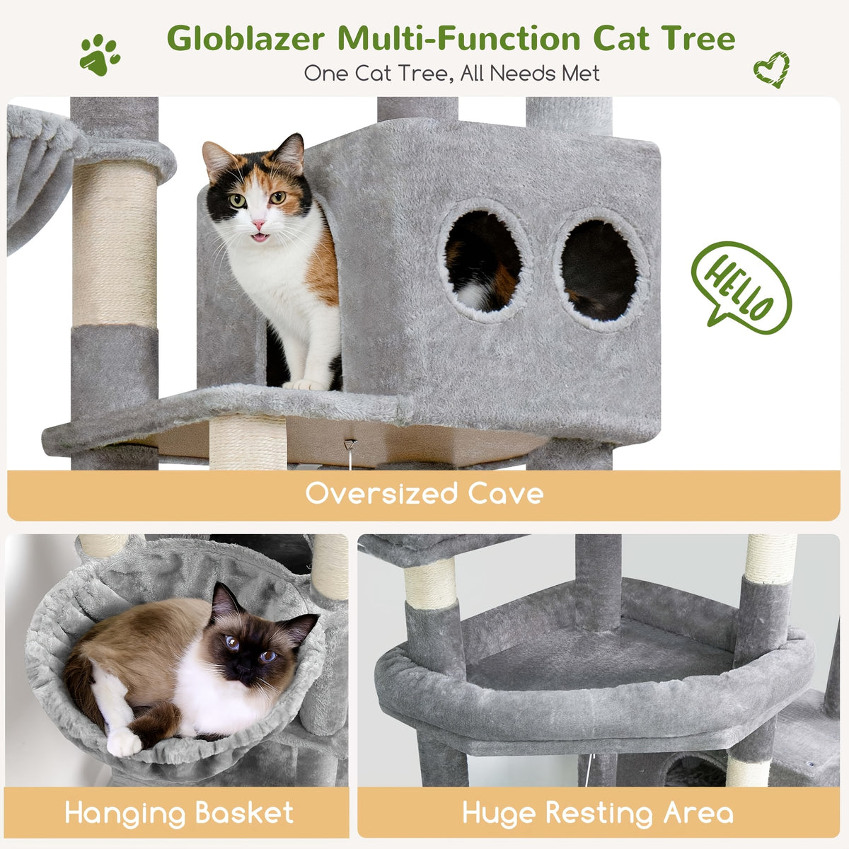 Globlazer 82-inch Cat Tower for Large Cats, Multi-Level Cat Tree for 4+ Indoor Cats with 3 Condos, 7 Sisal Scratching Posts, Scratching Board, 2 Hammocks & 3 Perches, S82D, Light Grey