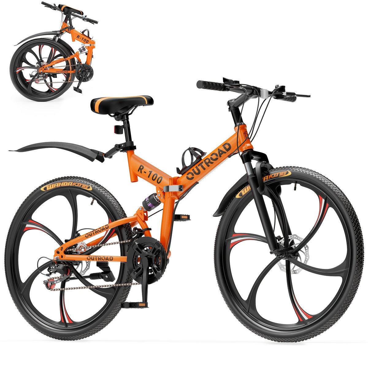 26 Inch Adult Folding Bikes/Mountain Bikes, 21 Speeds Mountain Bicycles with Full Suspension, Dual Disc Brake, High Carbon Steel Frame, Foldable Bike for Men/Women/Teen (Black&Orange)