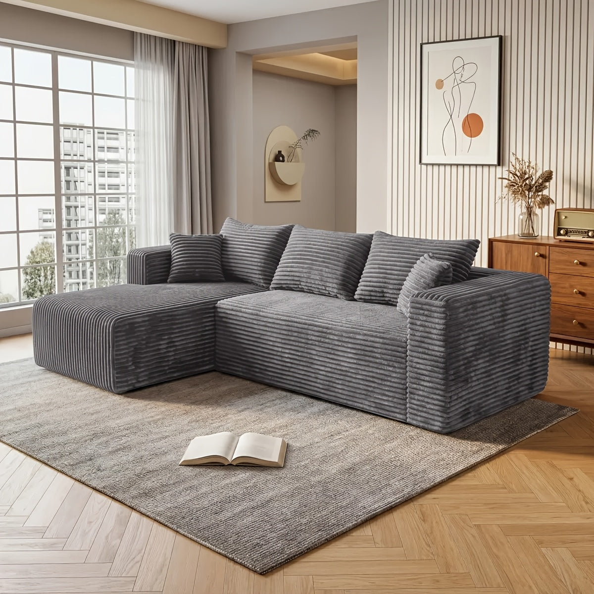 95 Inch L-Shaped Sectional Sofa, Fluffy Corduroy Cloud Sleeper Couch, Free Combination Boneless Sofa with Wide Chaise And Ultra-Deep Seating, Cozy Lounge Furniture for Apartment, Living Room, Easy Setup