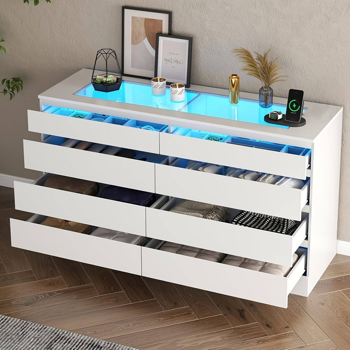 Chest of Drawer, 8-Drawer Dresser with Glass Top And Power Outlet, White Dresser for Bedroom, Modern Double Wide Drawer Organizer Cabinet for Bedroom, Living Room (15.75" D X 47.24" W X 30.71" H), Storage Drawer Units