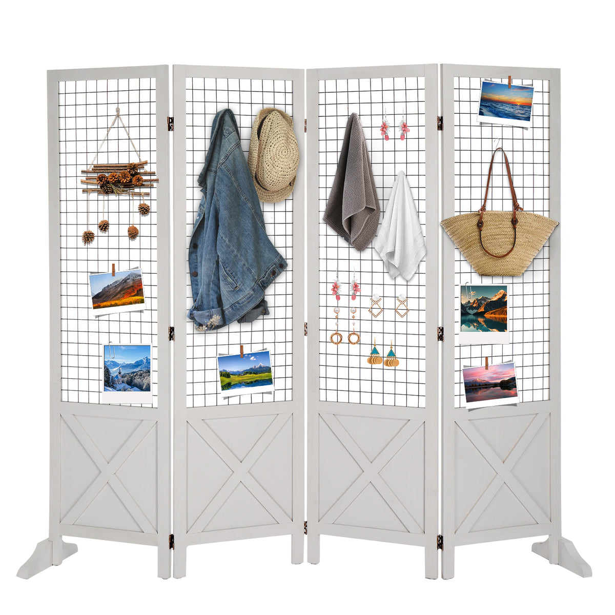 VINGLI Room Divider Freestanding Grid Wall, 4 Panel Folding Display Board Organizer with Base Feet, Decorative Wooden Frame Wire Grid Screens for Craft Shows Events Retail