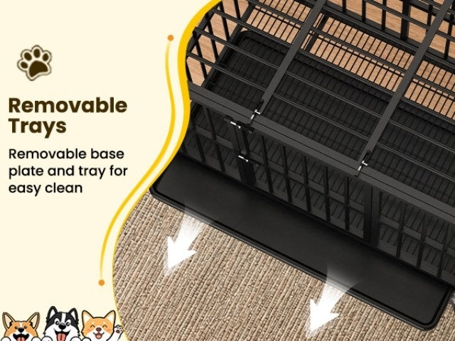 [Indoor Dog Crate] Heavy Duty Simple Version Round Pipe Iron Dog Crate, Indoor Double Door Dog Crate With Wheels With Removable Tray