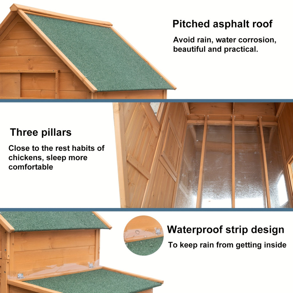 Large Chicken Coop with Wheels, Waterproof Outdoor Hen House for 6-8 Chickens, Movable Chicken House with Two Nesting Boxes, Removable Tray, PVC Cover, Wooden Duck Coop Rabbit Hutch