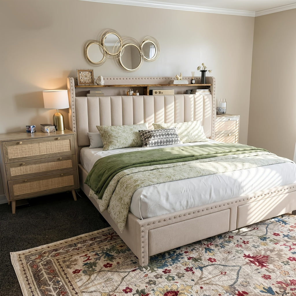Soft Upholstered Bed Frame with 2 Storage Drawers Full/Queen/King Size Low Profile Platform Bed Base, Heavy Duty 1000lbs Steel Frame, No Box Spring Needed for Apartments/Dorms | Easy Assembly (Gray/Beige)