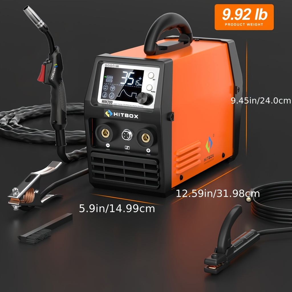 [Ideal For Home & Auto] Hitbox 200A 4-In-1 Gasless Mig/Stick/Lift Tig/Spool Gun Welder, 110V Welding Machine With LCD Screen & Synergic IGBT Inverter, Auto Wire Feed, Ideal For Home & Auto Repair And Welding