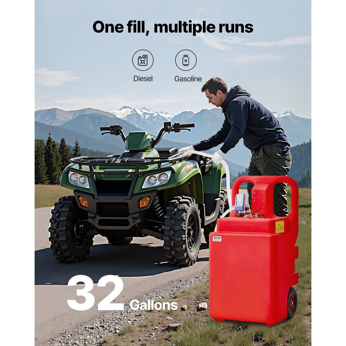 VEVOR Fuel Caddy 16 Gallon/ 32 Gallon Fuel Tank with 12V DC 2.5 GPM/ 15 GPM Electric Transfer Pump