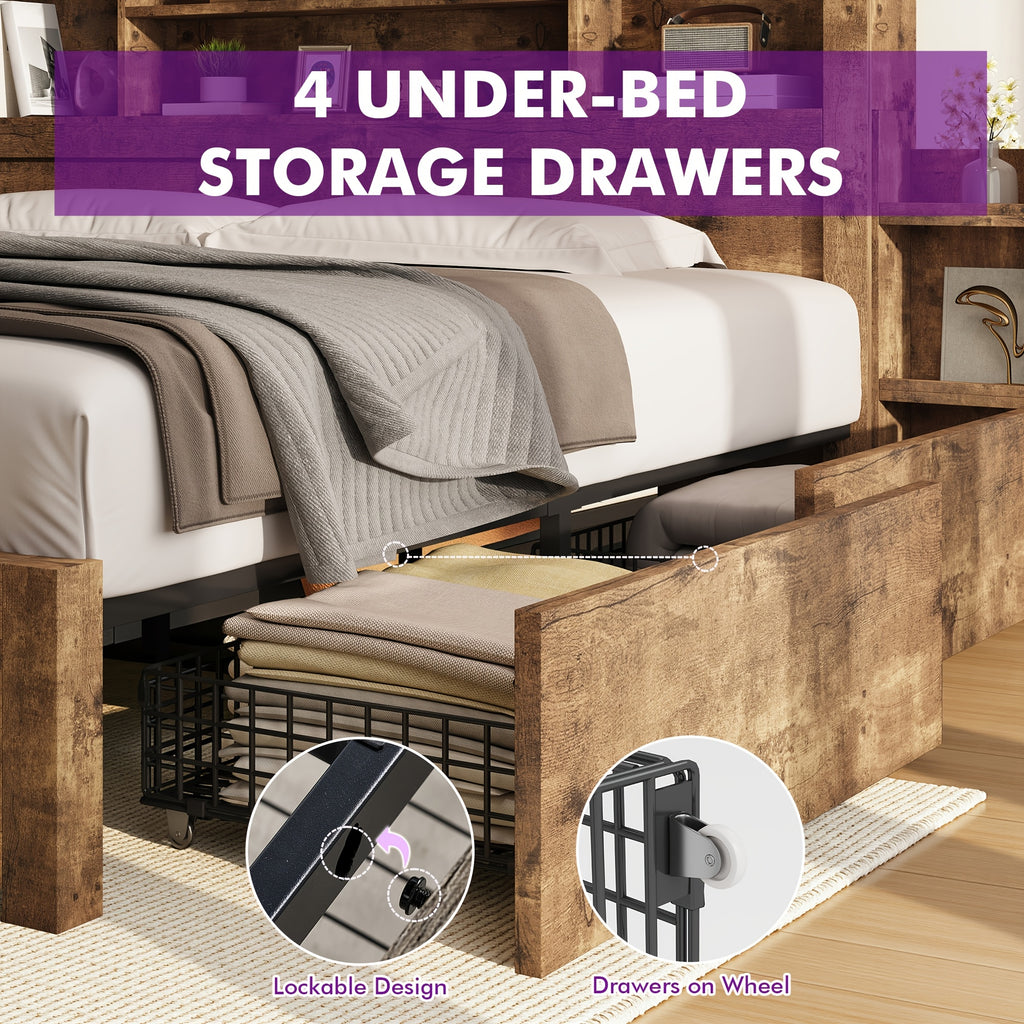 Wooden Platform Bed Frame with 4 Storage Drawers and Farmhouse Styling for Organized Bedrooms