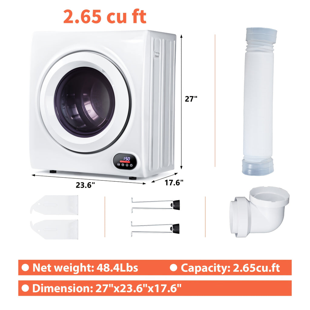 850W Compact Portable Clothes Dryer, 110V, 1.5/1.6/1.85/2.65Cu.ft Front Load with Stainless Steel Tub, Electric Laundry Drying Machine, Easy to Control, Perfect for Apartments, RVs, Dorms, In White.